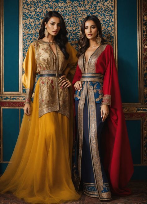 Lexica - Beautiful Arab women blond and another women brunette, wearing With a jacket, with Moroccan stitching on the edges Moroccan sfifa style, wid... Moroccan Kimono, Moroccan Dresses, Arabic Fashion, Arabic Clothing, Kaftan Designs, Fashion Model Photography, Desert Fashion, Moroccan Fashion, High Priestess