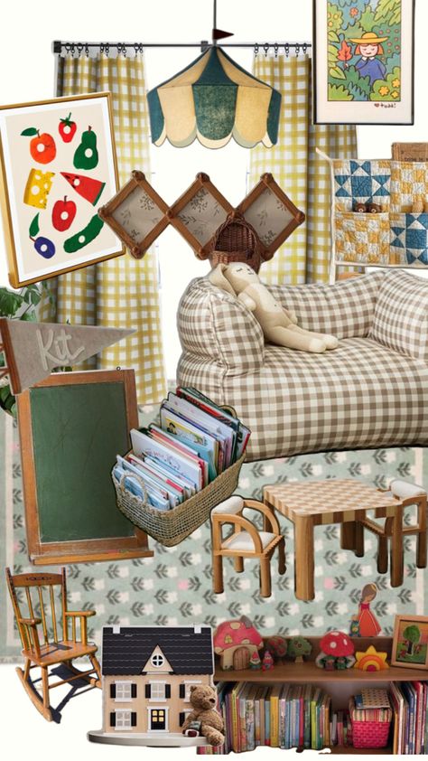 Vintage Playroom Ideas, Eclectic Playroom, Whimsical Playroom, Vintage Playroom, Eclectic Kids Room, Playroom Inspiration, Reading Nook Kids, Kids Rooms Inspo, Living Room Playroom