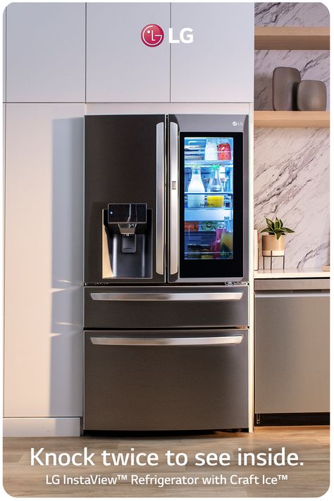 Lg Knock Fridge, Lg Fridge French Door Refrigerator, Home Appliances Advertising, Open Refrigerator, Luxury Refrigerator, Lg Fridge, French Door Fridge, Fridge Lg, Lg Refrigerator