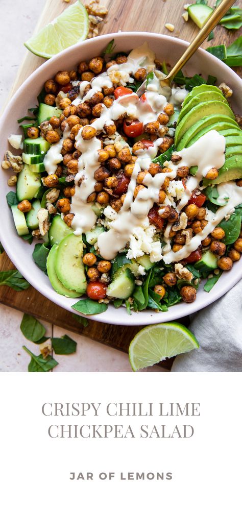 Chili lime chickpea salad in a white bowl. Crispy Chili Lime Chickpea Salad, Essen, Toasted Chickpea Salad, Vegan Lime Recipes, Chili Lime Vinaigrette Recipe, Crispy Chickpea Salad, Crispy Roasted Chickpeas, Roasted Chickpea Salad, Crispy Chickpea