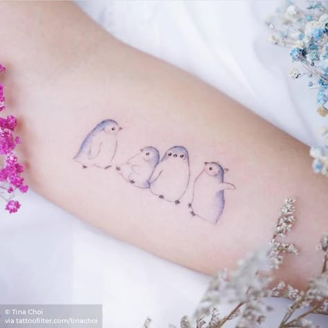 Animal Family Tattoo, Penguin Tattoo Family, Family Of Penguins Tattoo, Penguin Family Tattoo, Delicate Penguin Tattoo, Tattoo Ideas Penguin, Penguin Love Tattoo, Penguin Couple Tattoo Ideas, Small Animal Tattoos