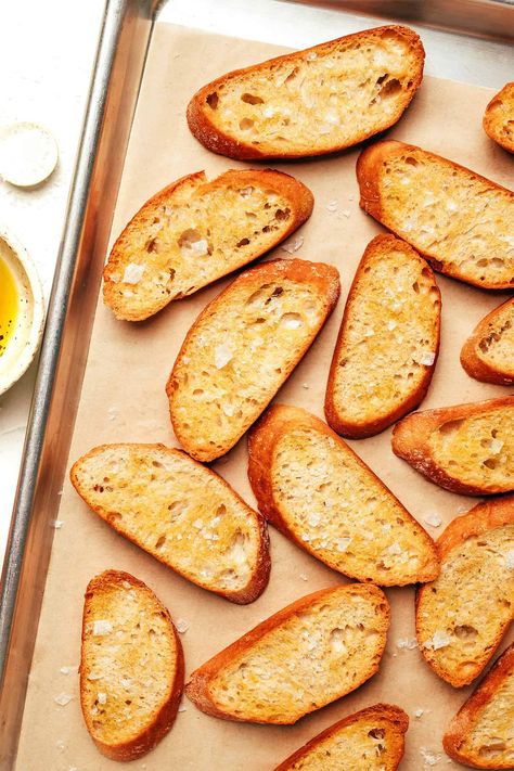 Homemade Crostini (Plus Topping Ideas!) | Gimme Some Oven Olive Bread Sticks, How To Make Crostini Toast, Toast Points How To Make, Greek Crostini, Twisted Breadsticks, Homemade Crostini, Crostini Bread, How To Make Crostini, Crostini Toppings