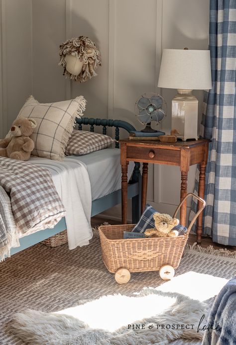 Cottage Nursery Reveal  - Pine and Prospect Home Vintage Boy Nursery Ideas, Vintage Modern Cottage, Cottage Playroom, Thrifted Nursery, English Country Cottage Interiors, Vintage Toddler Rooms, Earthy Nursery, Vintage Boys Bedrooms, Vintage Nursery Boy