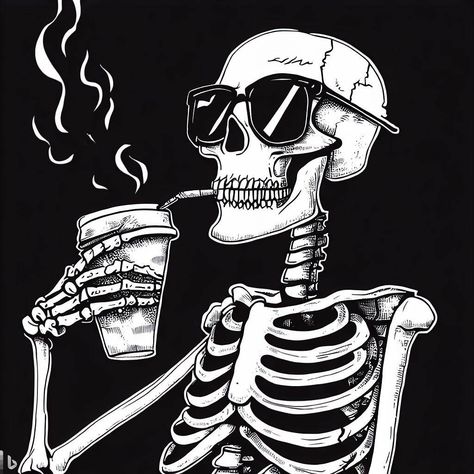 Skulls And Coffee Art, Skeleton Coffee Art, Skeleton Coffee Tattoo, Skeleton With Glasses, Skeleton With Sunglasses, Calaveras Aesthetic, Skull Drinking Coffee, Skeleton Black And White, Skeletons Funny