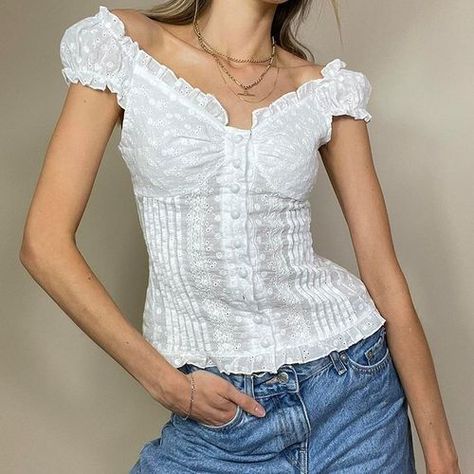 Sosana - Short Sleeve Ruffled-Trim Floral Embroidered Button Up Slim-Fit Top | YesStyle Backpacking Wardrobe, Y2k Outfits Inspiration, Highschool Musical, Paige Matthews, White Corset Top, Button Fashion, Coquette Grunge, Theatrical Romantic, Research Board