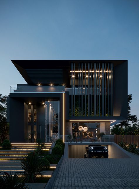 Dark Modern Exterior, House Black Exterior, Modern House Design Exterior Luxury, Vip House, Exterior House Design Ideas, Black Luxury House, Black Home Exterior, Black Villa, Luxury Exterior Design