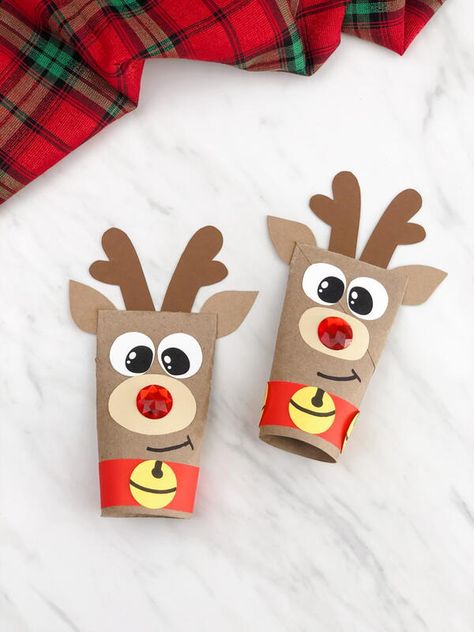 Make a recycled paper roll reindeer craft with your kids just in time for Christmas. If you're looking for an easy activity to do at home or at school, this is the perfect project! All that's required is a toilet paper tube, some paper, glue, and scissors. Get crafting now so Santa knows how much fun you had this holiday season! Materials: Toilet paper roll Colored card stock (in cream, brown, red, and yellow) Kraft paper White card stock Glue stick Tape Glue dot Black marker Red jewel sticker R Paper Roll Reindeer, Reindeer Crafts For Kids, Rudolph Crafts, Reindeer Crafts, Recycle Craft Projects, Christmas Toilet Paper, Recycled Crafts Kids, Headband Crafts, Reindeer Craft