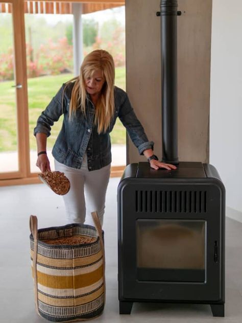 Pellet Stove Storage Containers, Pellet Stoves Ideas, Pellet Stove In Fireplace, Diy Pellet Stove Surround, Wood Burning Stove With Wood Storage, Pellet Stove Living Room, Pellet Stove In Basement, Pellet Storage Ideas Living Rooms, Indoor Pellet Storage