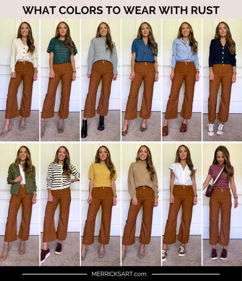 Engaged Outfit Ideas, Rust Clothing Color Combos, Everyday Classic Outfits, Cinnamon Color Pants Outfit, Rust And Teal Outfit, Summer Outfits Autumn Colors, Rust Pants Outfit Summer, Rust Cropped Pants Outfit, Rust Outfit Ideas