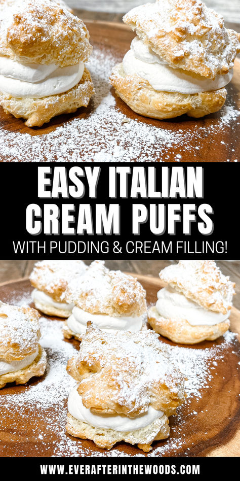 Cream Puffs Cream Puff Recipes Homemade, Italian Cream Filling, Cannoli Cream Puffs, Pastry Shell Fillings, Puff Pastry Shell Dessert, Holiday Cream Puffs, Cream Puff Filling With Instant Pudding, Italian Cream Puffs With Custard Filling, Cream Filled Pastries