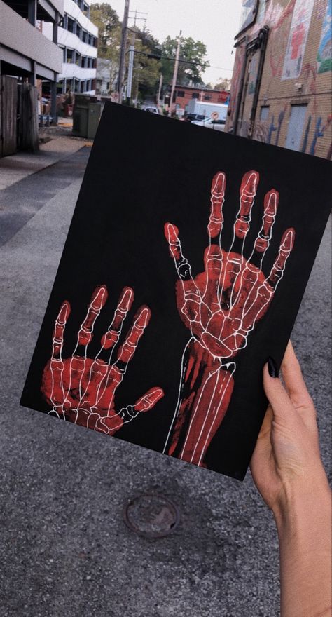 hand painting with skeleton drawing over the hands Supra Painting Easy, Painting Doors Ideas, Relationship Painting Ideas On Canvas, Painting Ideas On Canvas Person, Paint Ideas Small Canvas, Side By Side Canvas Painting Ideas, Shoe Box Painting Ideas Aesthetic, Funky Things To Paint, Weird Dark Art