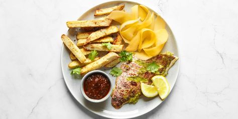 Papaya-and-Cubeb-Marinated Snapper With Baked Yam Chips recipe | Epicurious.com Baked Yam, Yam Chips, Fish Protein, White Yam, Fish And Chips Recipe, Describe A Person, Fish N Chips Recipe, Baked Yams, Chips Recipe