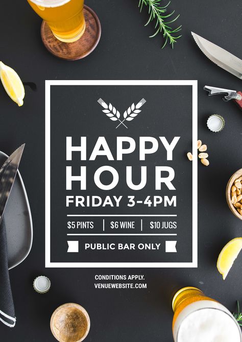 Happy Hour poster template. Our professionally designed templates can be updated in your browser - no design software or experience required! Start free trial of 'Plus' for 30 days - easil.com #hospitality #bar #templates #promotions #beer Happy Hour Design Graphics, Happy Hour Poster Design, Happy Hour Poster, Promo Flyer, Restaurant Poster, Food Menu Design, Event Poster Design, Food Graphic Design, Food Poster Design