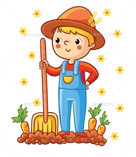 A young farmer in a garden with a carrot. The boy grows vegetables. Vector illustration with a farmer, shovel and carrots. Young Farmers, Desain Editorial, Children's Garden, A Farmer, Art Drawings For Kids, Lessons For Kids, The Boy, Kids Art Projects, Shovel