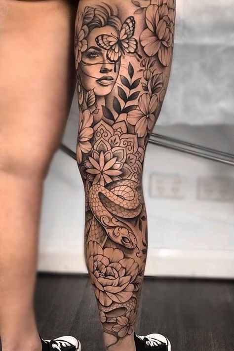 Full Leg Snake Tattoos Women, Leg Women Tattoo, Leg Sleeves For Females Ideas, Leg Tattoo Sleeve Women, Leg Tattoos Women Sleeve, Women’s Leg Sleeve, Full Stomach Tattoo Woman, Leg Sleeves For Females Tattoo, Female Leg Sleeve Tattoo