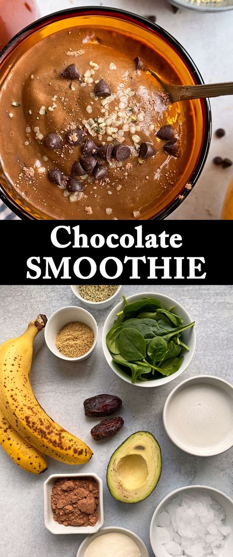 This avocado chocolate smoothie is thick, refreshing and healthy. It's made with ripe avocado, fresh spinach, unsweetened cocoa powder, banana and dates. This healthy chocolate smoothie recipe is a great way to sneak in veggies at breakfast, snack time or for dessert! #smoothierecipe #avocado #chocolatesmoothie #paleodiet #veganrecipes #whole30 Chocolate Veggie Smoothie, Avocado And Cocoa Powder, Cocoa Powder Smoothie Healthy, Banana Cocoa Smoothie, Spinach Chocolate Smoothie, Vegan Chocolate Smoothie, Healthy Chocolate Banana Smoothie, Dates In Smoothies, Chocolate Smoothie Recipes Healthy