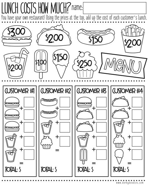 Money Math Practice - How Much Does Lunch Cost? – Dorky Doodles Homeschool Money Lesson, Math Projects For 1st Grade, Learning Activities For Second Graders, 2nd Grade Math Lesson Plans, Time And Money Worksheets, Math Worksheet 1st Grade, Grade 2 Activities Fun, Fast Facts Math, First Grade Money Worksheets Free