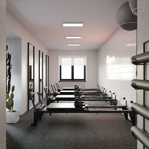 CACTUS PILATES on Behance Home Pilates Room Small Spaces, Home Pilates Room, Pilates Studio Design Interiors, Pilates Room, Small Hall, Hotel Building, Sport Hall, Clinic Design, Pilates Studio