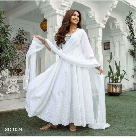 Women Designer Long Gown White Anarkali Kurti Dupatta Beautiful Flared Kurti Top #Indian #ALine #Casual White Frock Suit, Sudithar Design, White Frocks For Women, White Chikankari Anarkali, Kurti Photography, White Kameez, White Anarkali Dress, Hindu Aesthetic, Chikankari Anarkali Suits