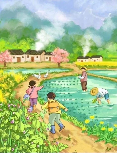 Village Scene Drawing, Picture Comprehension, Childhood Memories Art, Nature Art Drawings, Scene Drawing, Beautiful Art Paintings, Leaf Drawing, Thai Art, Work Style