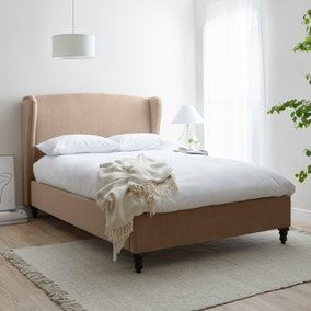 Taupe Upholstered Bed Bedroom Ideas, Taupe Bed, Taupe Bedding, Winged Bed, Winged Headboard, Fabric Bed Frame, Headboard Upholstered, Soft Colour, Wooden Construction