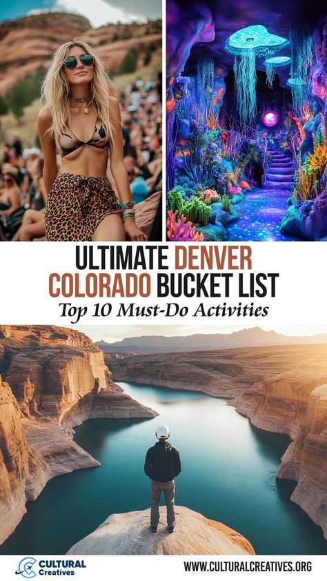 A collage of outdoor and indoor scenes including a woman at a festival, a vibrant otherworldly art exhibit, and a person standing at the edge of a cliff overlooking a canyon, representing the Ultimate Denver Colorado Bucket List. Shopping In Denver Colorado, Visiting Denver Colorado, Denver In January, Things To See In Denver Colorado, Travel To Colorado, Denver In The Fall, Best Things To Do In Denver Colorado, Colorado To Do, Denver Date Ideas