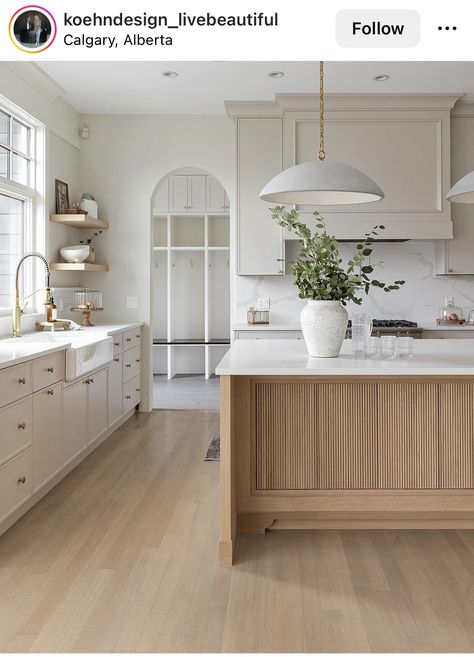 Kitchen Hood Ideas Transitional, Organic Modern Transitional Kitchen, Small Classic Kitchen Ideas, White Oak Two Tone Kitchen, Organic Modern White Kitchen, Kitchen Ideas Neutral Colors, Light Wood Floors Kitchen, Double Kitchen Islands, Natural Wood Island