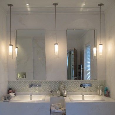 Pendants on each side of the mirror Bathroom Vanity Lights On Side Of Mirror, Hanging Bathroom Lights, Best Bathroom Lighting, Sink Lights, Mermaid Room, Modern Bathroom Lighting, Bathroom Pendant, Bathroom Pendant Lighting, Bathroom Ceiling