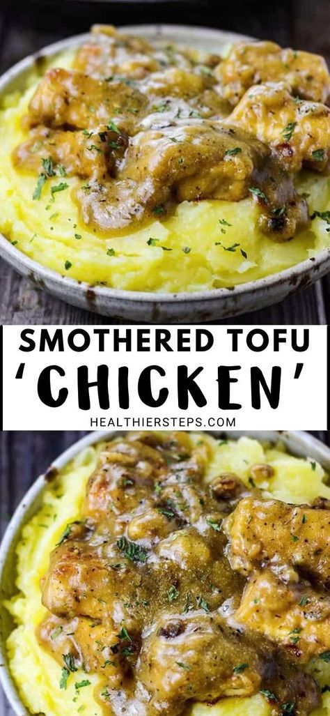 Tofu Soul Food Recipes, Vegan Chicken Gravy Recipe, Vegan Smothered Chicken, Tofu Vegan Recipes, Tofu Sheet Pan Dinner, Fried Tofu Recipes, Recipes With Tofu, Tofu And Mashed Potatoes, Soft Tofu Recipes