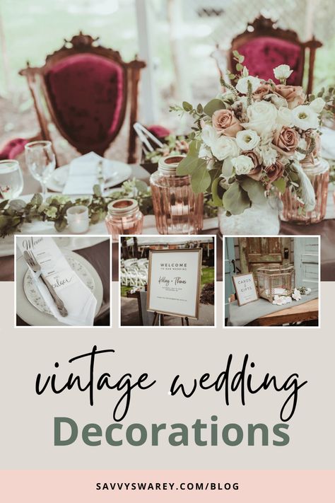 Vintage Wedding Vibes with DIY Décor & Thrifted Finds Antique Elegant Wedding Decor, Simple Vintage Table Decor, Vintage Table Number Ideas, Garden Vintage Wedding, Vintage Boho Wedding Decor, Mid Century Wedding Decor, Vintage Wedding Aesthetic Ideas, Vintage Wedding Ideas Elegant, Vintage Wedding Aesthetic Decor