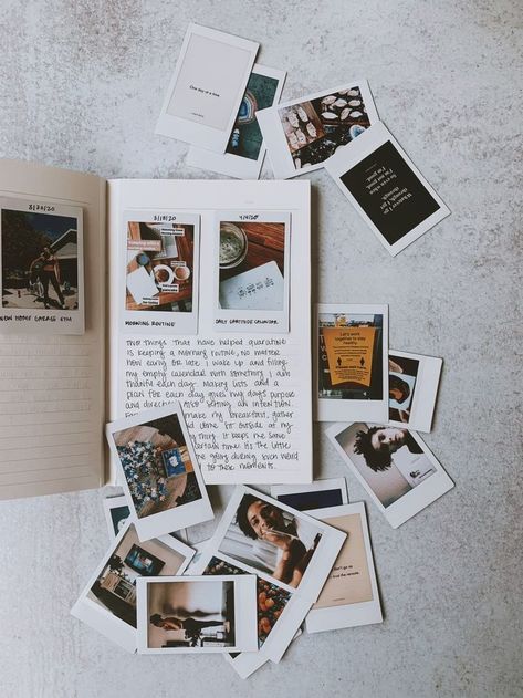 Diary Ideas With Photos, Photo Travel Journal, Instax Journal Ideas, Scrapbook Journal Layout Ideas, Polaroid Travel Journal, Photo Album Journal Ideas, Polaroid Creative Ideas, Handmade Photo Journal, Journal Polaroid Ideas