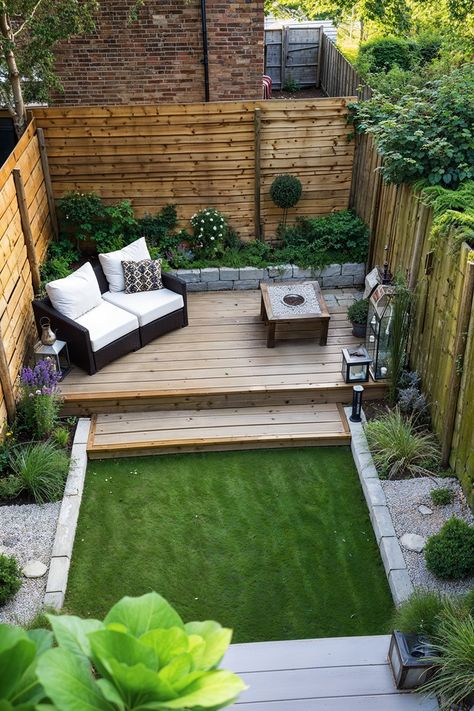 small deck in quaint yard with sofa, grass, a fence and small garden bed Floating Deck Small Backyard, Small Square Garden Design, Easy Floating Deck, Small Backyard Ideas On A Budget, Deck On The Ground, Small Backyard Deck, Tiny Deck, Build A Floating Deck, Small Deck Designs