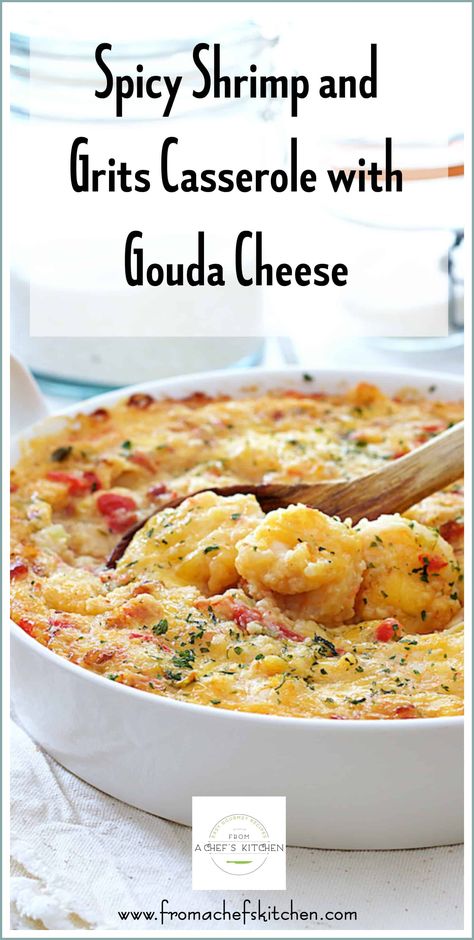 Spicy Shrimp and Grits Casserole with Gouda Cheese is the South's most perfect comfort food made into an easy to make and make-ahead casserole! #shrimp #shrimpandgrits #shrimpandgritscasserole #goudacheese Spicy Shrimp And Grits, Shrimp And Grits Casserole, Housewarming Food, Grits Casserole, Shrimp N Grits Recipe, Grits Recipe, Shrimp And Grits, Shrimp Recipes For Dinner, Shellfish Recipes