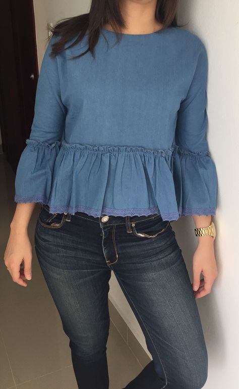 Blue Ruffle Trim Bell Sleeve High Low Denim Top -SheIn(Sheinside) Cotton Top Designs For Women, Jeans Western Outfits, Denim Tops Women, Jeans Top Design, Tops With Jeans, Western Kurtis, Cotton Short Tops, Cotton Tops Designs, Kurtis Designs