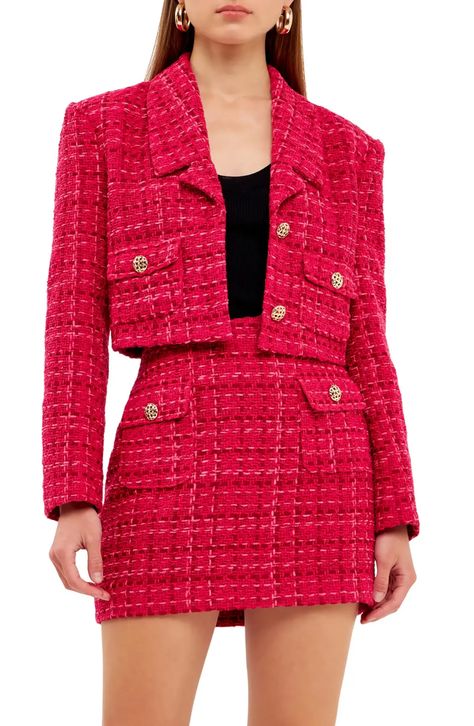 Crop Blazer, Elegante Casual, Velvet Blazer, Tweed Fabric, Tweed Blazer, Cropped Jacket, Red Jacket, Gold Buttons, Crop Jacket