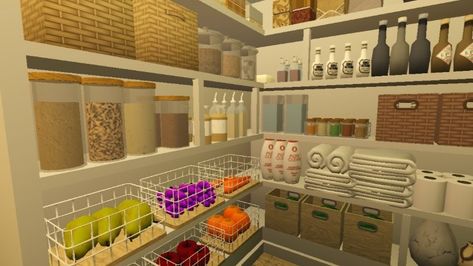 bloxburg pantry design idea, aesthetic design pantry Pantry Organization Ideas Bloxburg, Walk In Pantry Bloxburg Ideas, Roblox Bloxburg Pantry Room Ideas, Bloxburg Pink Kitchen Ideas, 3x3 Pantry Ideas Bloxburg, Roblox Pantry Ideas, Bb House Ideas, Bloxburg Custom Cabinets, 2x2 Pantry Bloxburg