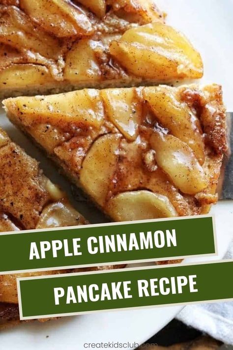 This Easy Pancake recipe is made in a skillet by layering apples along with cinnamon and spices with prepackaged pancake mix which is baked into a simple, delicious breakfast idea that kids love! #easypancakerecipe #thebestpancakerecipe #applepancakes #createkidsclub #skilletpancake Bread Using Pancake Mix Recipe, Gluten Free Brunch Food Ideas, Apple Pancake Casserole Breakfast, Apple Pancake Bake, What Can I Make With Pancake Mix Baking, What To Do With Pancake Mix Baking, Pancake Bake Recipe, Pancake Mix Recipes Uses, Box Pancake Mix Ideas