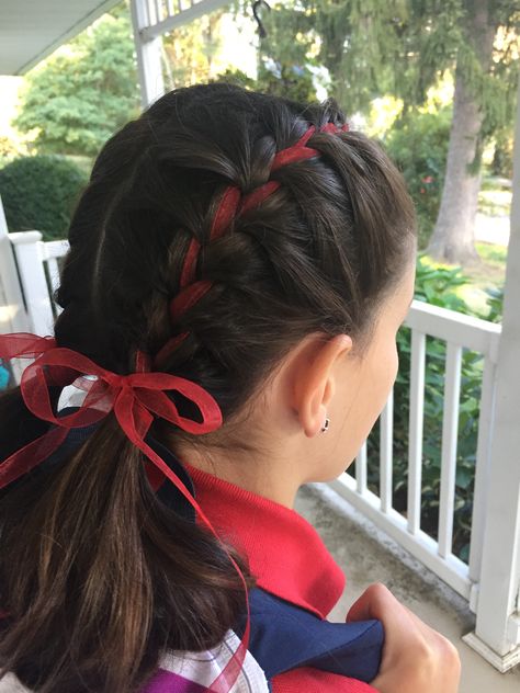 Double Dutch half braids into ponies with organza ribbon Fun Hairstyles With Ribbon, Hairstyles With Red Accessories, Ribbon Pigtail Braids, Braided With Ribbon, Double Braids With Ribbon, Hair Braided With Ribbon, Low Pigtails With Ribbon, Puffy Dutch Braids, Xc Hair Styles Ribbon