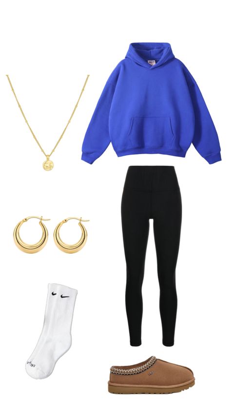 Blue Cotton hoodie, Lululemon Black Align leggings, UGG Tasman shoes, gold hoop earrings, Nike socks, gold pendant necklace Outfit Ideas For School Leggings, Winter Hoodie Outfit, Black Align Leggings, Nike Socks Outfit, Blue Hoodie Outfit, Nike Hoodie Outfit, Black Leggings Outfit, Align Leggings