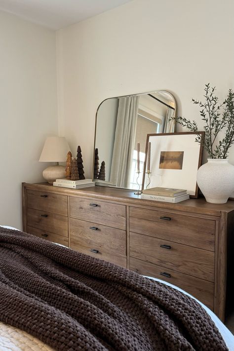 Galey Alix x Livabliss Orren Ellis … curated on LTK Grey Bedroom Set Ideas, Dark Bedroom Dresser, Dark And Light Bedroom Furniture Mixed, Bedroom Decor Storage, Long Dresser Styling Bedroom, Vintage Organic Modern Bedroom, Dark Gray Bed Frame Room Ideas, Dark Wood Bedroom Furniture Aesthetic, Cozy Bedroom Dresser