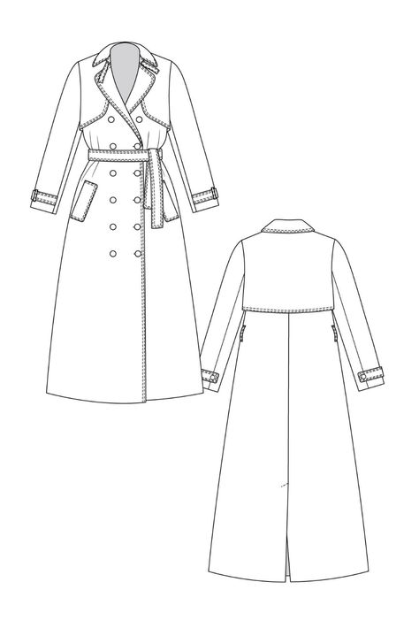 Trench Coat Pattern, Coat Pattern Sewing, Flat Sketches, Panel Dress, Clothes Sewing Patterns, Coat Patterns, Top Stitching, Fashion Flats, Classic Looks