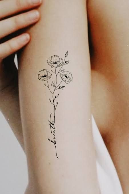 Fine Line Anemone Tattoo, Just Breathe With Flower Tattoo, Fearless Flower Tattoo, Breathe Fine Line Tattoo, Rose Script Tattoo, Flower With Letter Tattoo, Dandelion Breathe Tattoo, Breathe Tattoos With Flowers, Letter And Flower Tattoo