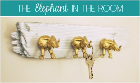 I love the spray painted animals or the big piece of wood with a mason jar attached to hold flowers... I'd use cute knobs from anthropologie!:) Plastic Animal Crafts, Diy Elephant, Key Holder Diy, Diy Key, Gold Home Decor, Gold Spray Paint, Gold Spray, Plastic Toys, Key Hooks