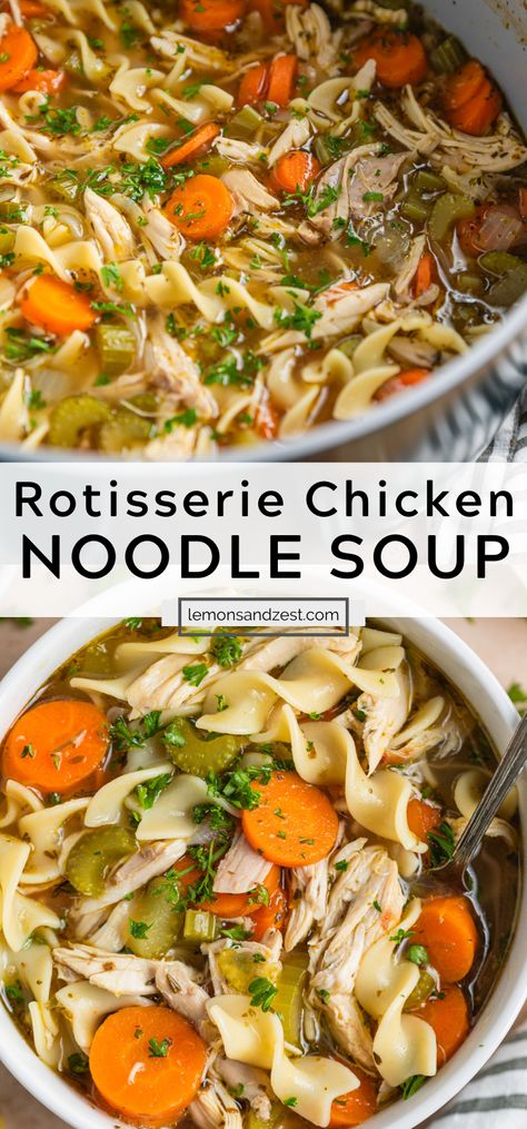 This thick and hearty easy Rotisserie Chicken Noodle Soup recipe is going to be your new favorite cozy soup recipe. So simple to toss everything in and allow the rich, flavorful chicken add all of the flavor! Comfort food at it's easiest! Chicken Noodle Soup Recipe With Rotisserie Chicken, Chicken Noodle Soup Leftover Chicken, How To Make Chicken Noodle Soup From Rotisserie Chicken, Cozy Chicken Noodle Soup, Semi Homemade Chicken Noodle Soup, Most Flavorful Chicken Noodle Soup, Soups Recipes Chicken Noodle, Chicken Soup Ginger Tumeric, Easy Stove Top Chicken Noodle Soup