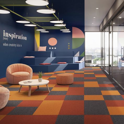 Vibrant Office Design, Modular Carpet Tiles, Art Intervention, Modular Carpet, Office Carpet, Luxury Office, Carpet Installation, Hospitality Design, Carpet Colors