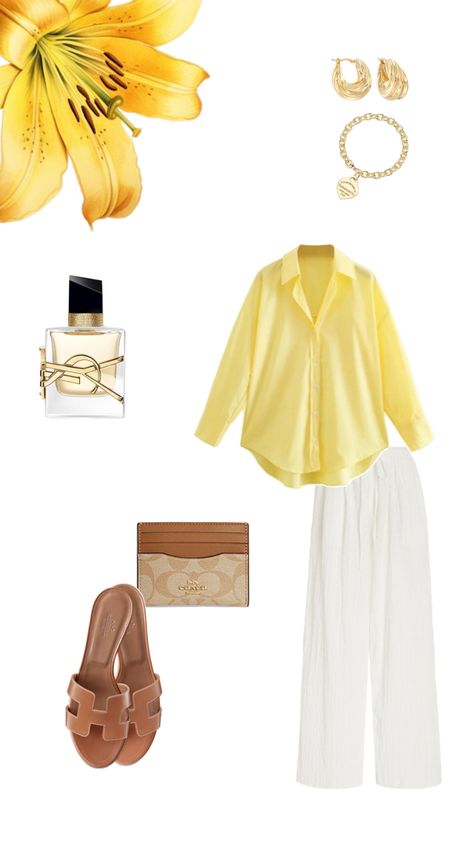 #hermes #coach #yellow #white #linenpants #saintlaurent #lillies #brown #aesthetic #outfit #fit #woman Brown Aesthetic Outfit, Coach Outfits, White Outfits For Women, Fit Woman, Modest Summer Outfits, Hijabi Style, Hijabi Outfits Casual, Everyday Fashion Outfits, Yellow Outfit