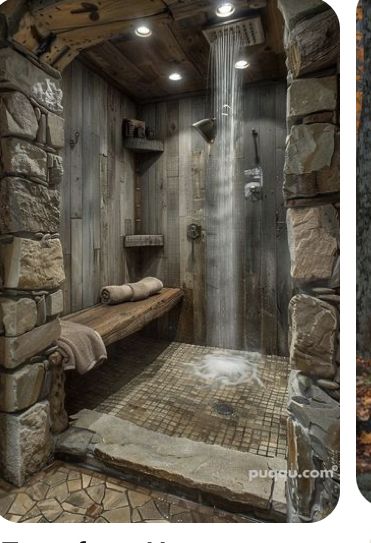 Rustic Corner Shower Ideas, Unusual Showers, Shower Only Bathroom Ideas, Rustic Walk In Shower Ideas, Rustic Shower Ideas, Rustic Bathroom Shower, Leather Granite, Rustic Shower, Dream Shower