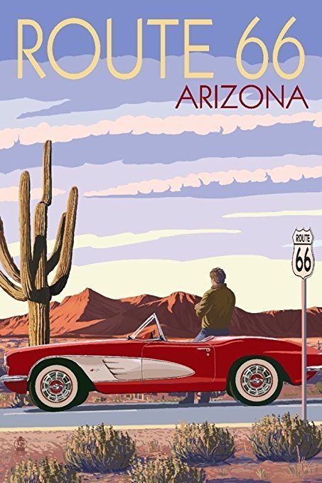 Best Corvette Artworks For Your Man Cave - Arizona - Route 66 - Corvette with Red Rocks Art Print Foto Muro Collage, Deco Poster, Retro Travel Poster, Art Deco Posters, Red Rocks, Vintage Poster Art, Retro Wallpaper, Futurism, Poster Vintage