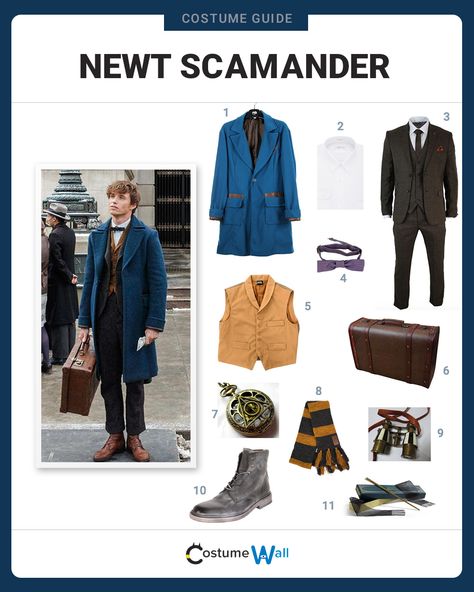 The best cosplay guide for dressing up as Newt Scamander played by Eddie Redmayne, from the movie Fantastic Beasts and Where to Find Them. Fantastic Beast Costumes, Harry Potter Cosplay Ideas, Fantastic Beasts Costumes, Harry Potter Cosplay Costumes, Fantastic Beasts Costume, Ron Weasley Costume, Newt Scamander Costume, Newt Scamander Aesthetic, Newt Scamander Cosplay