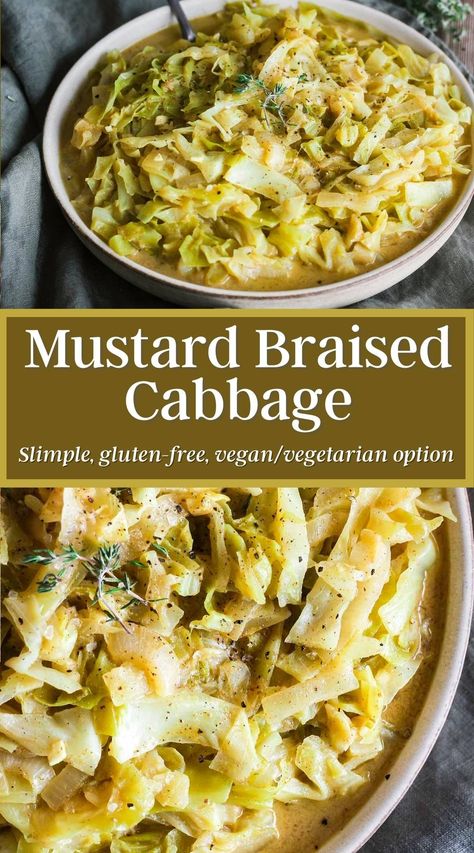 Pile it on a brat or sandwich or serve it as is, this simple mustard braised cabbage is richly flavored and comforting. Naturally gluten-free with vegan and vegetarian options. #mustardbraisedcabbage #braisedcabbage #mustardcabbage #cabbagerecipe #stpatricksdayfood Cabbage Recipes Healthy, Braised Cabbage, Slaw Recipes, Veggie Side Dishes, Cabbage Recipes, Vegetarian Options, Side Recipes, Veggie Dishes, Vegetable Side Dishes